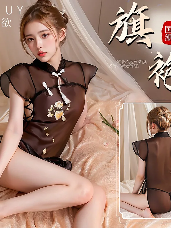 Sexy Embroidered Cheongsam Hot Split Tie Uniform Temptation Pajama Dress Elegant Mesh Lace Sheer Sweet Women Tops ZB7U