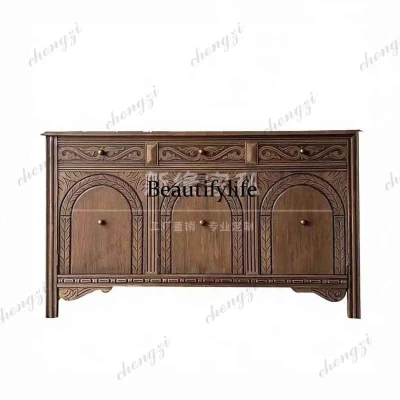 MM85 American retro solid wood dining side cabinet carved locker medium antique living room decorative cabinet