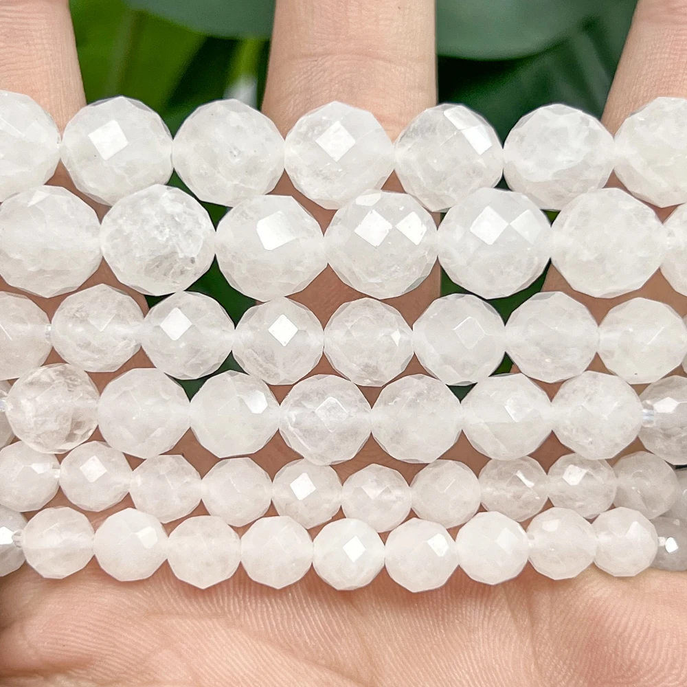 6/8/10mm Faceted White Quartz Natural Stone Beads Round Loose Spacer Beads for Jewelry Making DIY Bracelet Necklace 7''