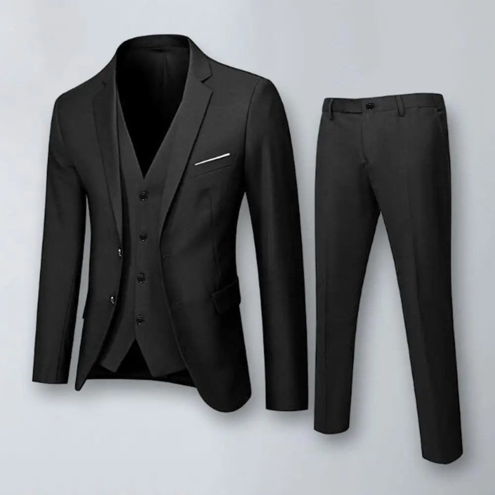 

1 Set Men Suit Set Vest Coat Pants Formal Business Office Meeting Groom Wedding Clothes Long Sleeves Straight Solid Color Slim F