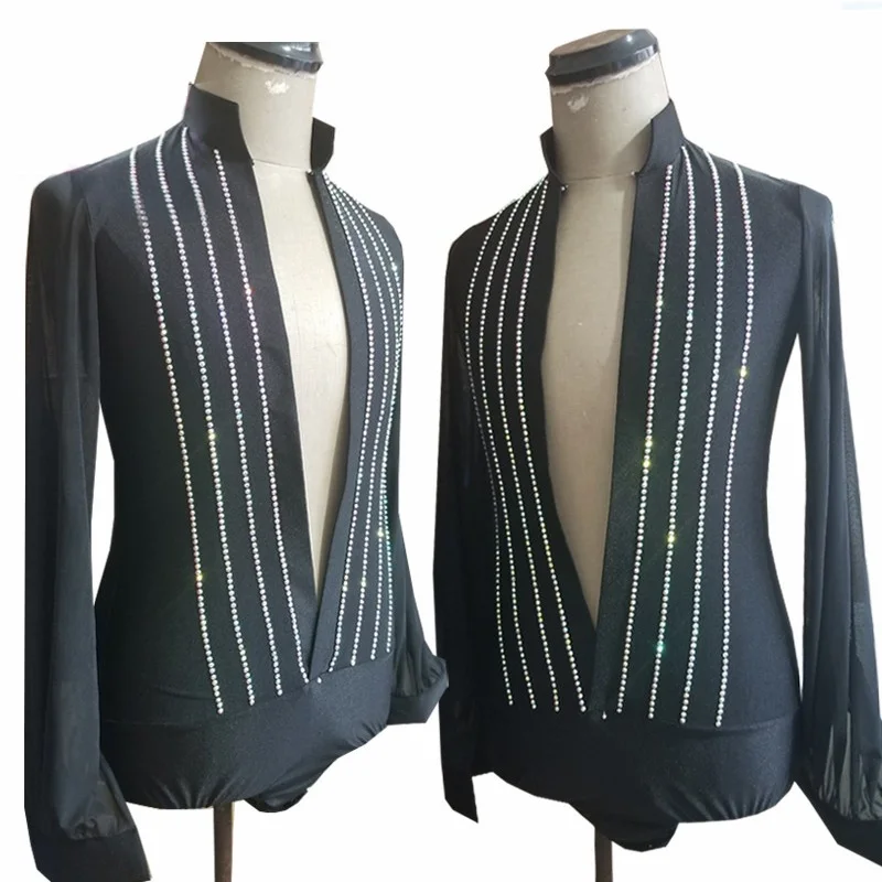 قميص الرقص اللاتيني للرجال أسود بأكمام طويلة ملابس الرقص القياسية لقاعة الرقص ملابس أداء المنافسة اللاتينية VDL4357