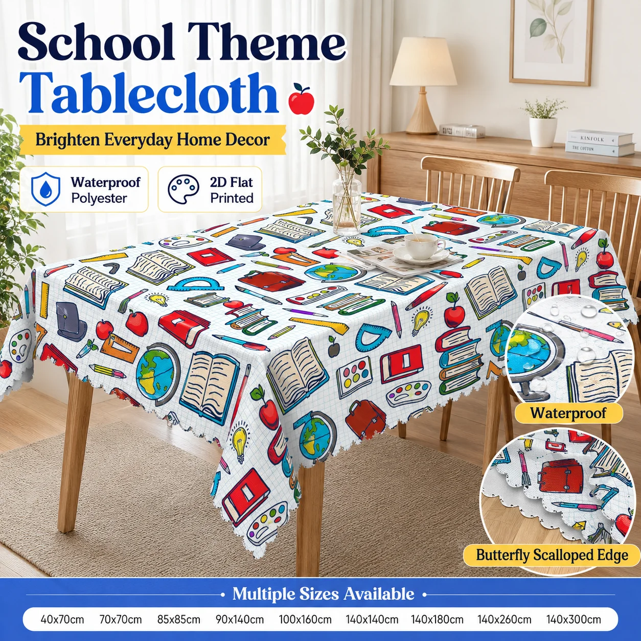 

Back To School Theme Tablecloth Waterproof Polyester Table Cover Scalloped Edge For Kids Classroom Dining Room Party Decor