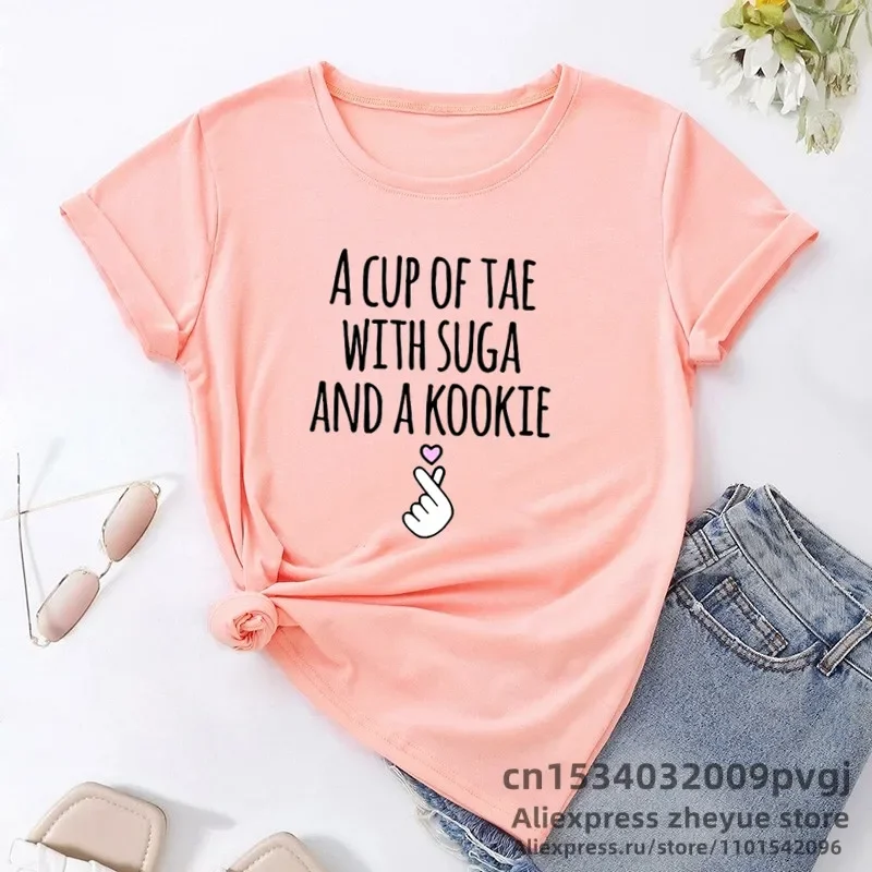 A Cup of Tae with Suga and A Kookie Printed T-Shirt Women Korean Kdrama Idol Fashion Kpop Merch V Jhope Suga RM Jungkook Tee