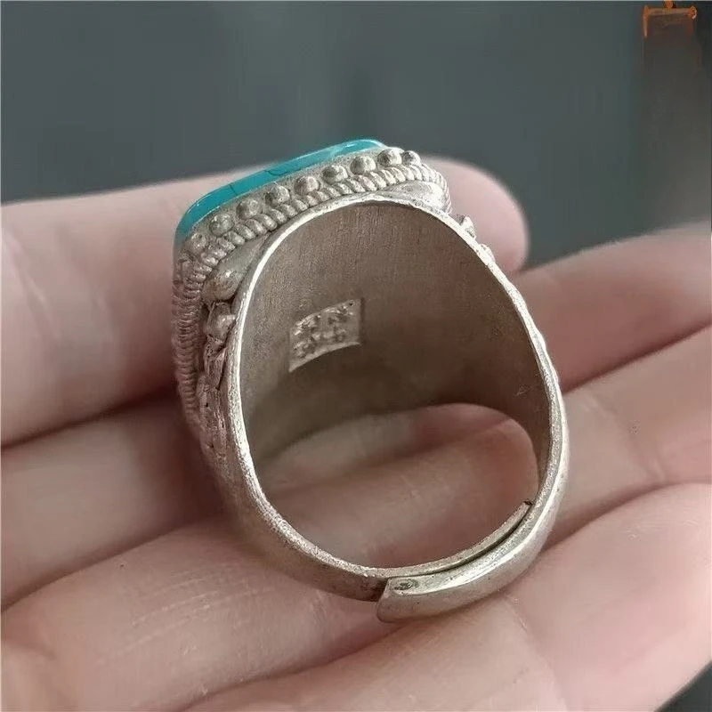 Nepal Tibetan retro living ring men's and women's white copper Tibetan silver inlaid jade ring ethnic style jewelry