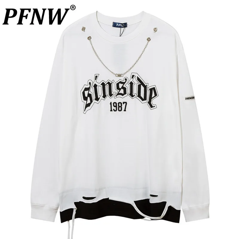 

PFNW Men's American High Street Letter Embroidered Sweatershirt New Zipper design Ragged Fake Two Piece Trendy Male Tops 28W4977