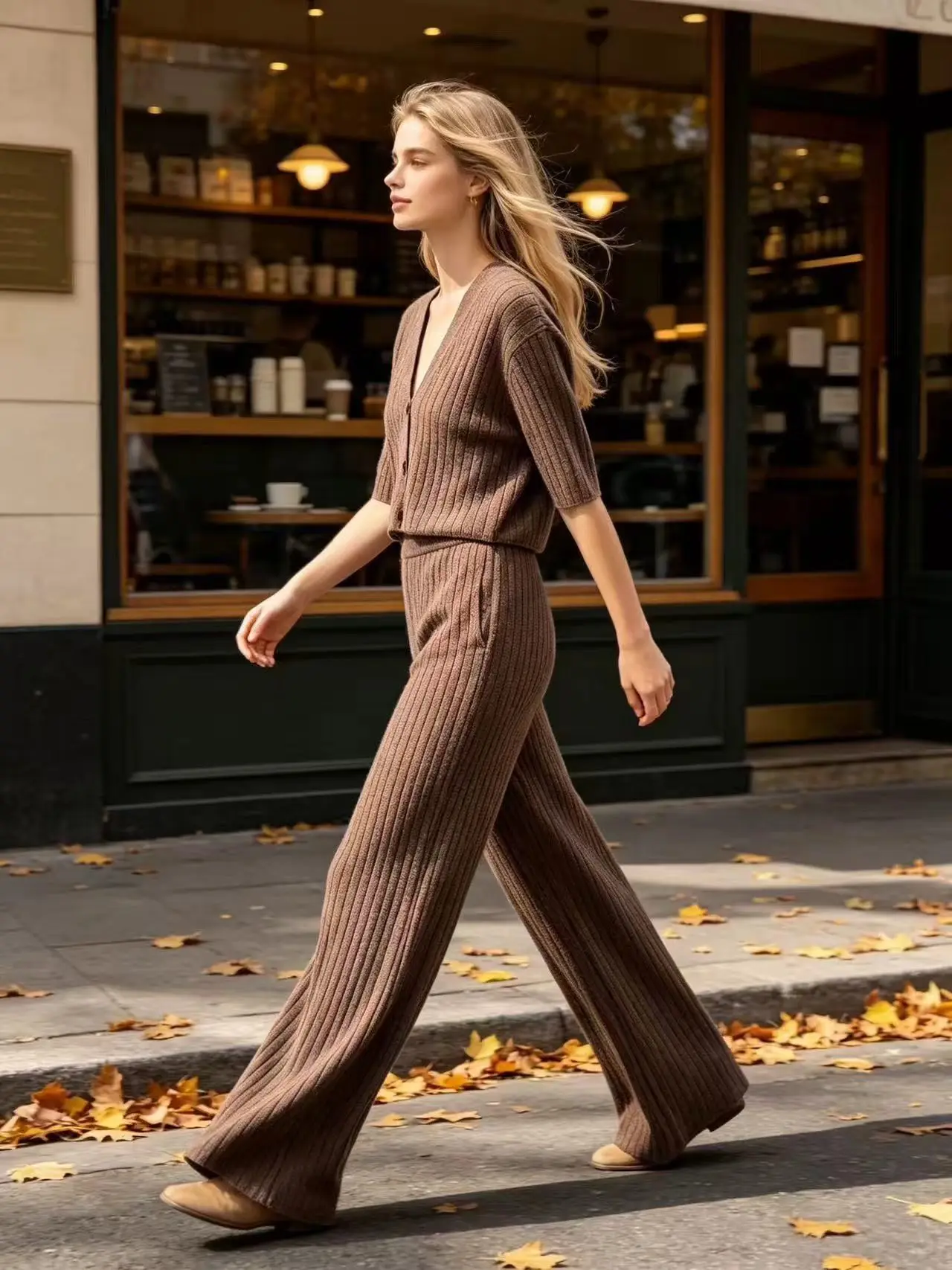 Casual Women 2‑Piece Knit Set V‑Neck Button‑Down Cardigan and Ribbed Wide‑Leg Pants Loungewear Co‑ord