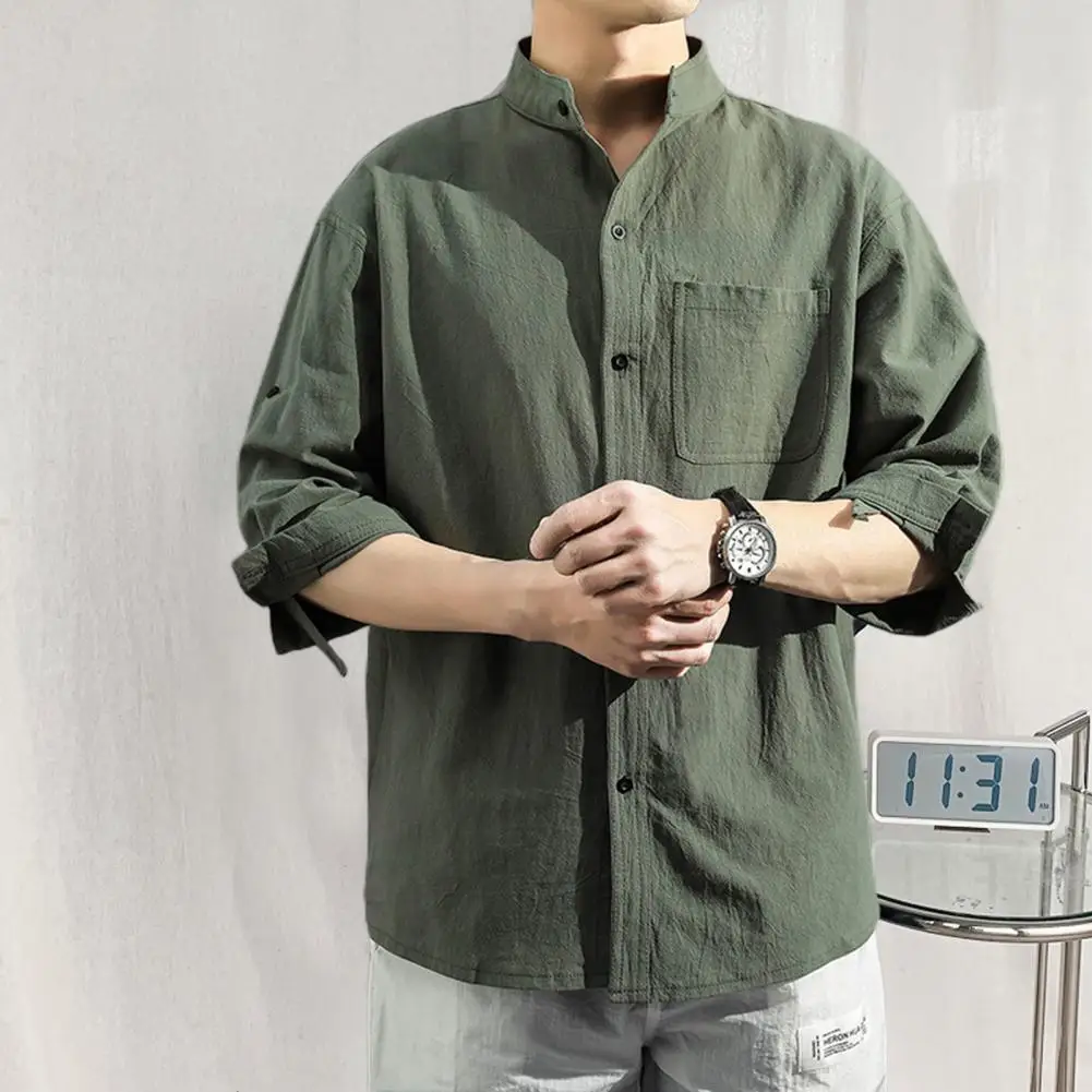 Cotton Linen Shirt Retro Stand Collar 3/4 Sleeves Cardigan Shirt Streetwear Plus Size Men Shirt Office Commuter Spring Shirts