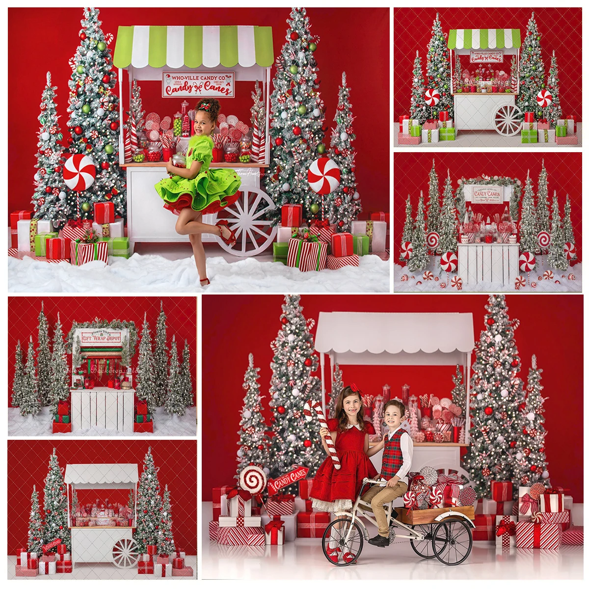 

Candy Cane Sweets Cart Photo Background Red Christmas Winter Snow Photography Backdrop Xmas Tree Gift Kids Photo Studio Props