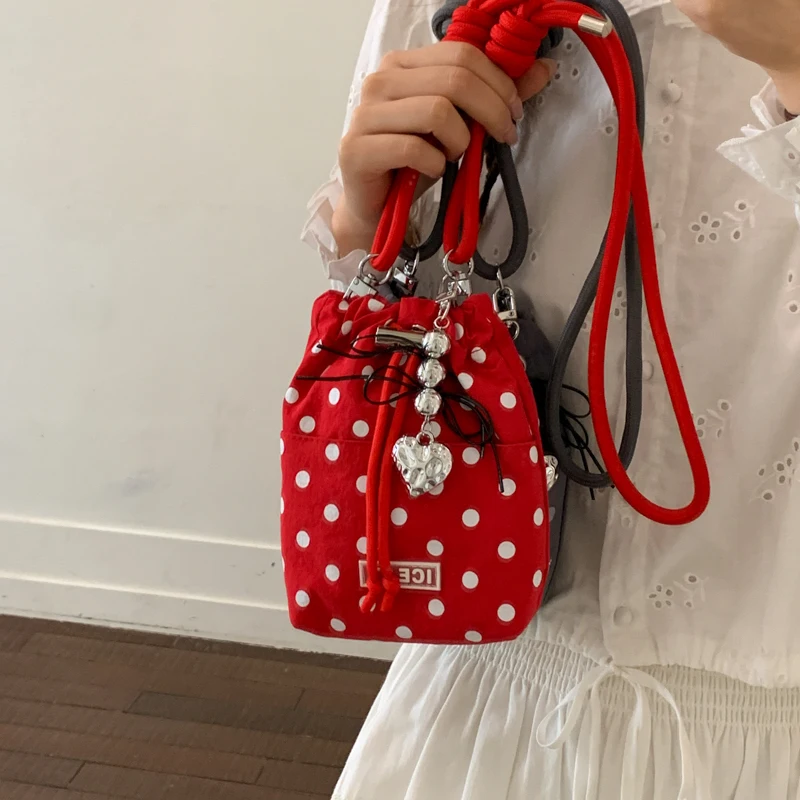 Cute Polka Dot Fabric Shoulder Bag 2026 New Summer Small Drawstring Bucket Crossbody Bag Women's Bag Adjustable Shoulder Straps
