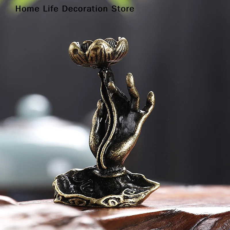 Retro Pure Copper Backflow Incense Buddha Hand Lotus Brass Incense Frame Incense Zen Tea Ceremony Table Tea Table Furnishings