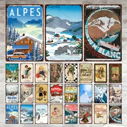 Retro Ski Resort Metal Sign Skiing Travel City Tin Sign Winter Landscape Snow Mountain Plaque Home Bar Club Wall Decor
