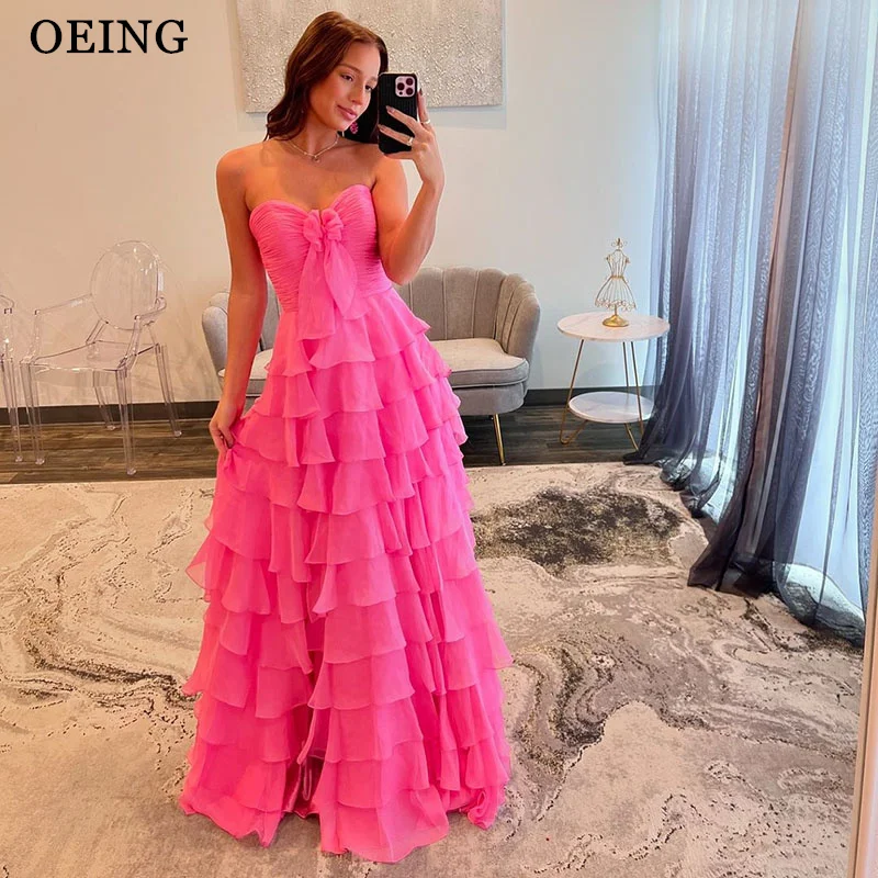 

OEING Pink A-Line Chiffon Prom Dresses Sweetheart Strapless Pleats Tiered Party Gowns Simple Floor-Length Side split Customized