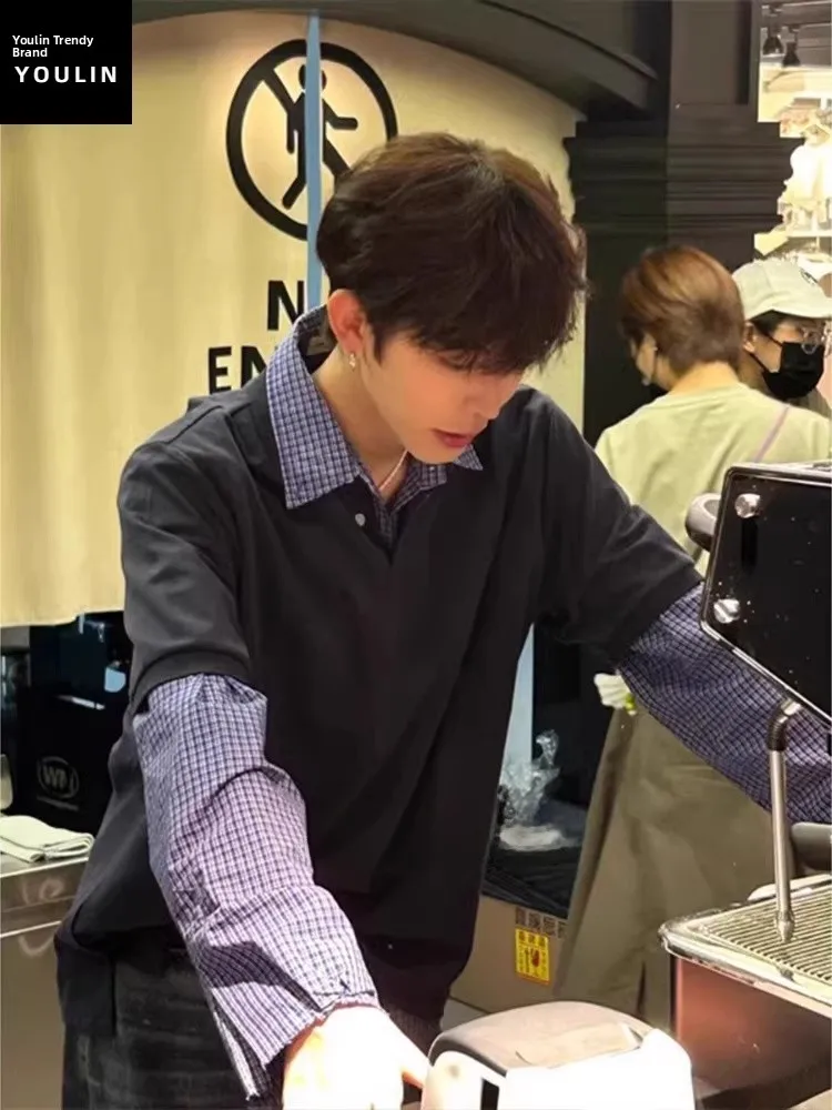 

Мужская толстовка в американском стиле с воротником-рубашкой, модная брендовая, высококачественная, в стиле ретро, многослойная, в клетку, с длинным рукавом, молодежная