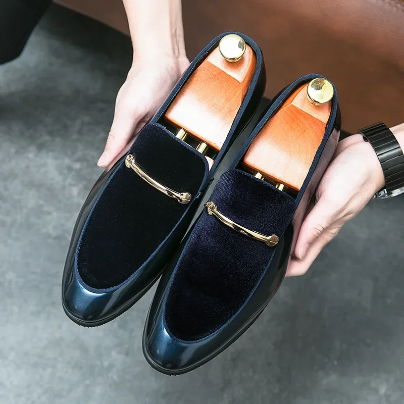 

New Men Loafers Blue Black Business Men Dress Shoes Handmade Slip-On Round Toe Size 38-46