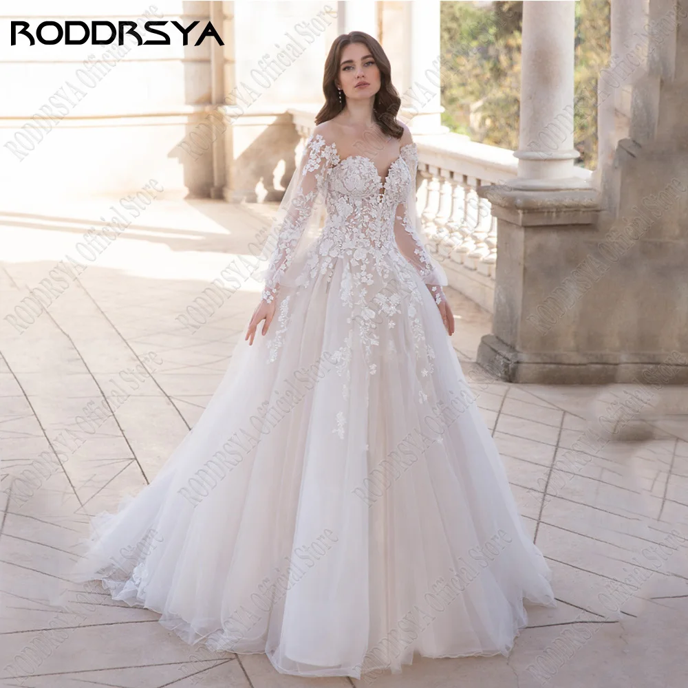 RODDRSYA Princesse robe de mariée pour les femmes à manches de bRODDRSYA-Robes de mariée princesse pour femmes, manches bouffantes, dos nu, col rond, quelle que soit la dentelle appliquée, robe A-Line, mariée éducative