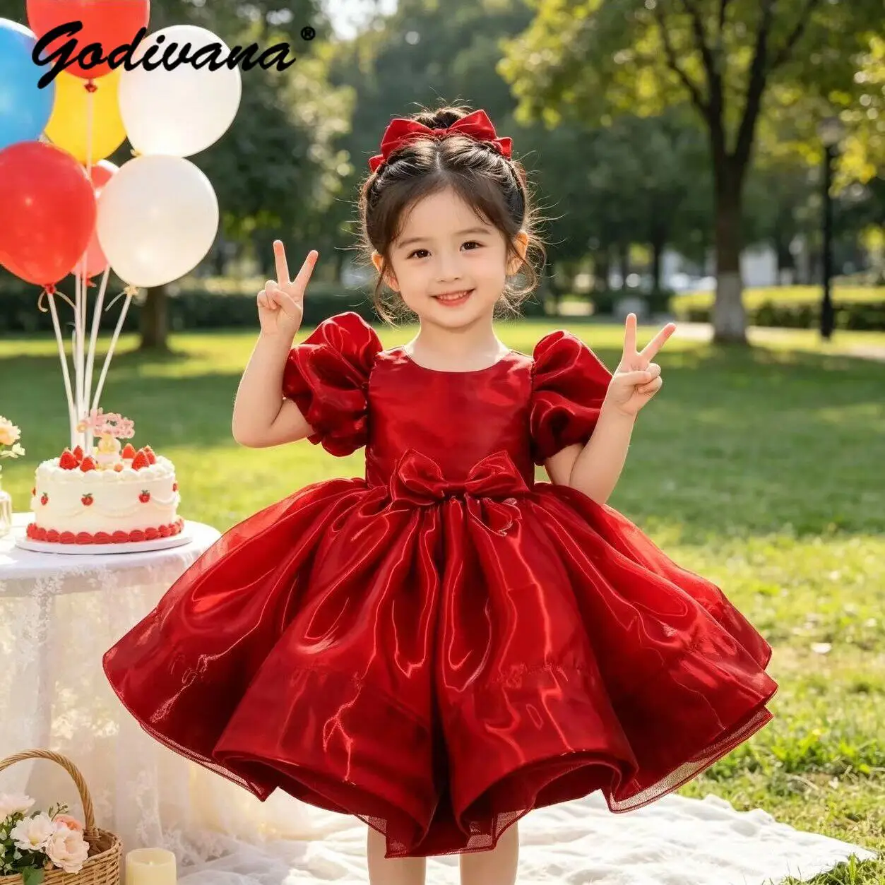 Sweet Baby Girls Bubble Sleeve Bow Princess Dress New Summer 2026 Childrens Elegant Fashion High Waist O-neck Performance Gown