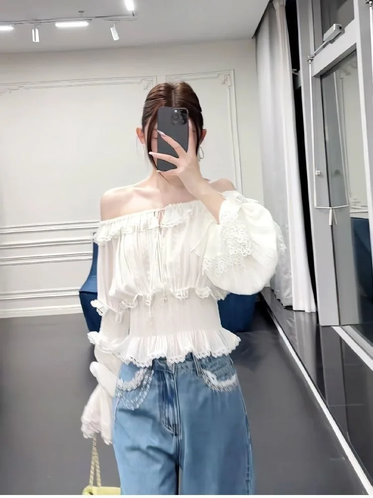 

Korean Style Spicy Girl Lace Trim Belted One Shoulder Shirt Women's Summer Slim Fit Short Elegant Versatile Top