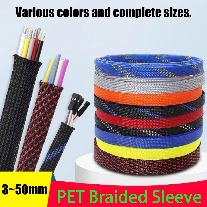 PET Braided Sleeve 3~50mm High Density Insulated Cable Protection Expandable Sheath For TV Audio Cords Protect From Pets Chewing