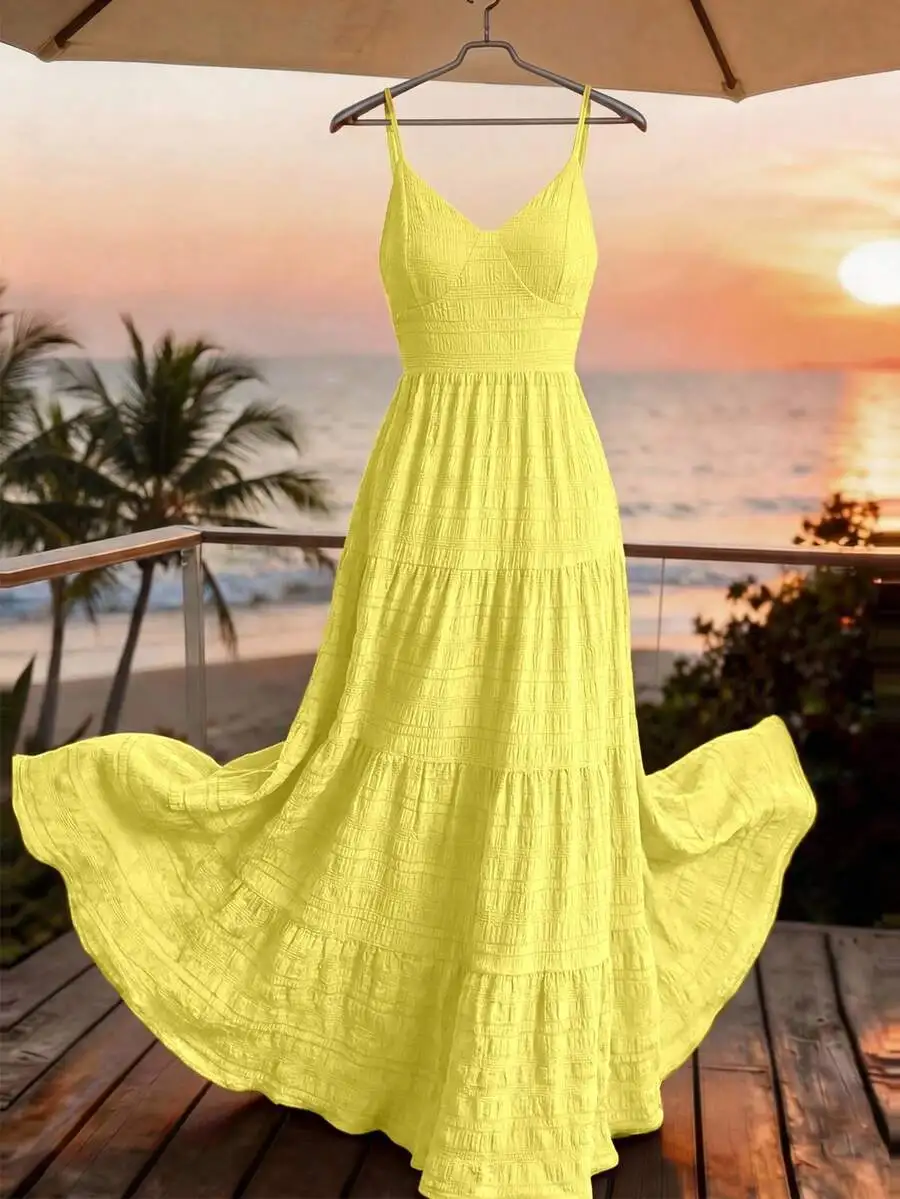 

Yellow Vintage Tiered Maxi Dress For Women Sleeveless V Neck Beach Party Summer