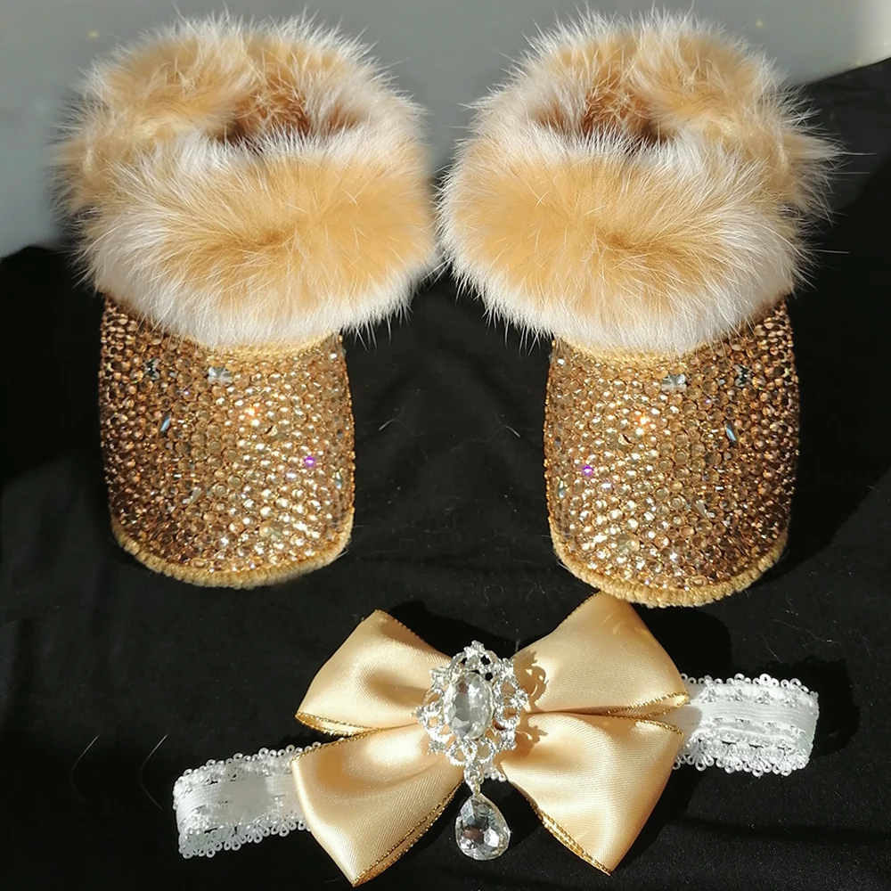 Handmade Bow Hairband Rhinestones Baby Girl Snow Boots Winter Shoes Comb First Walker Sparkle Bling Crystal Princess Shower Gift