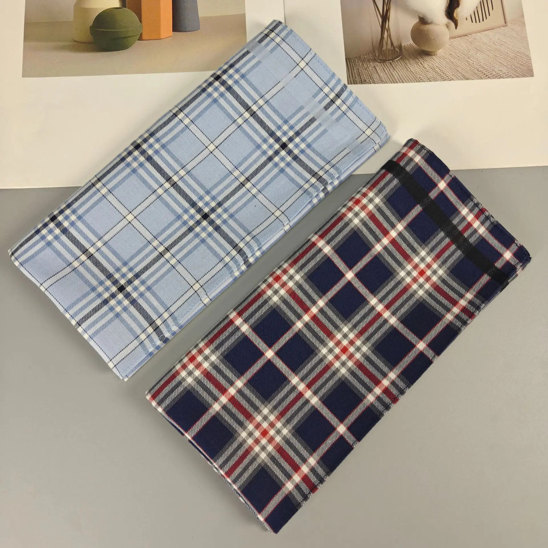 2pcs High Quality 45CM 100% Cotton Striped Plaid Handkerchief Navy Blue Tone Elegant Portable Pocket Accessory Daily Formal Use