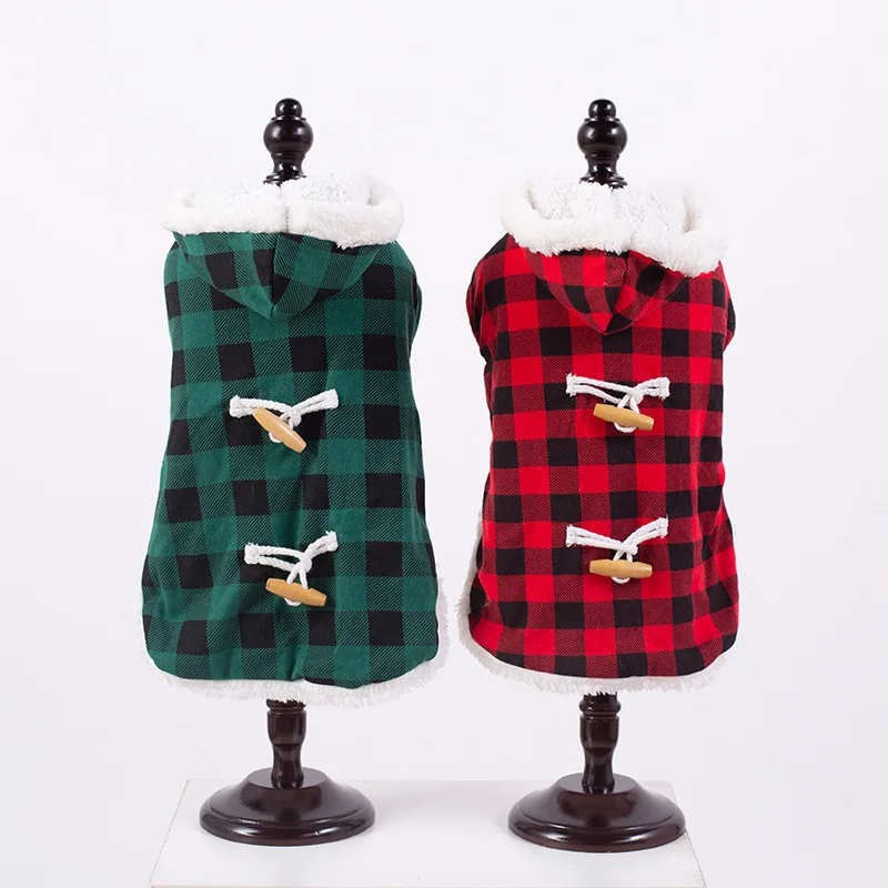 New Plaid Dog Hooded Cape Winter Warm Clothes Inner Layer Lamb Wool Dog Clothing Small and Medium Pet Products