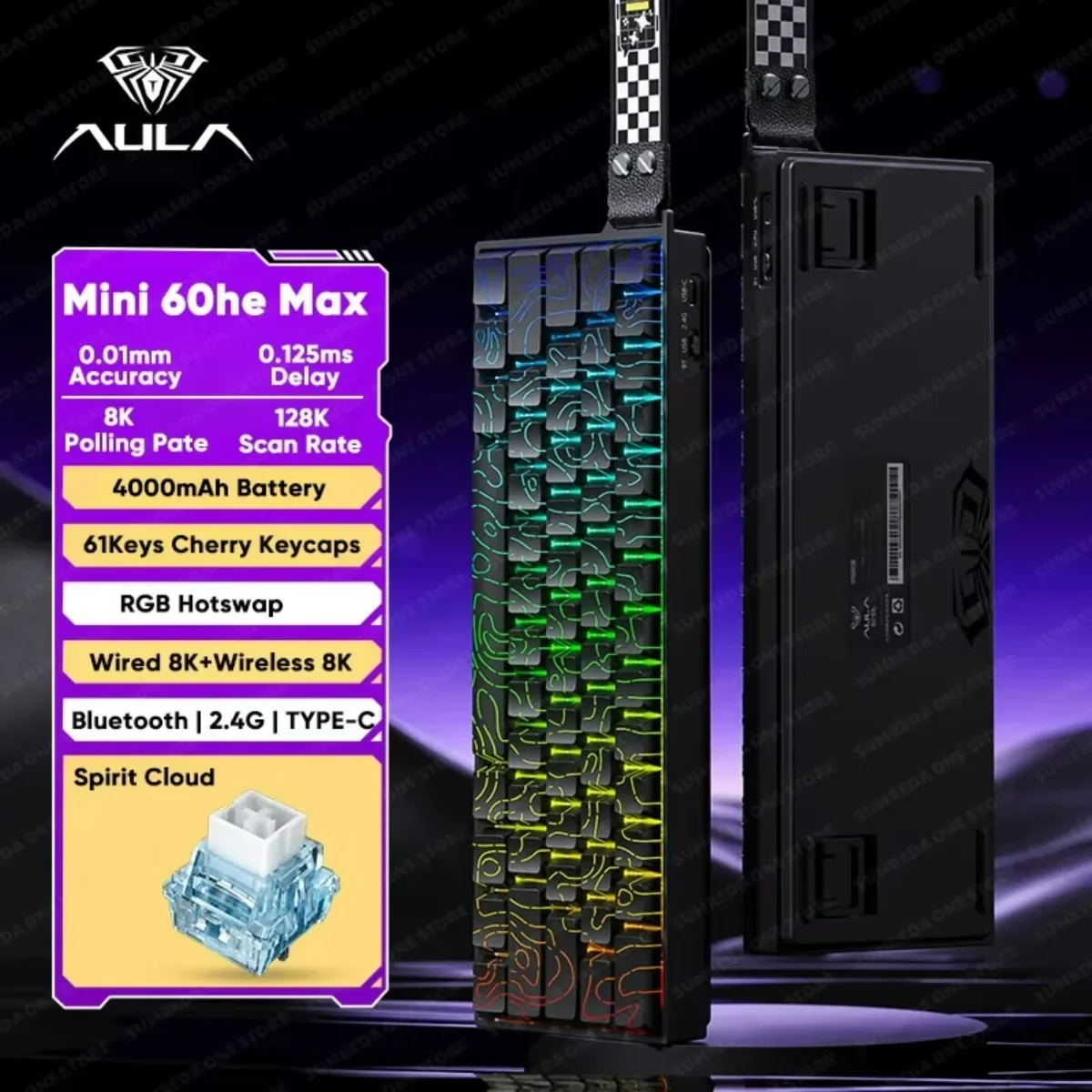 AULA Mini60 HE Klawiatura Mechaniczna Bezprzewodowa RGB Tri Mode z Przełącznikiem Magnetycznym 8000Hz 0.01mmRT Klawiatura dla Graczy PC na Prezent
