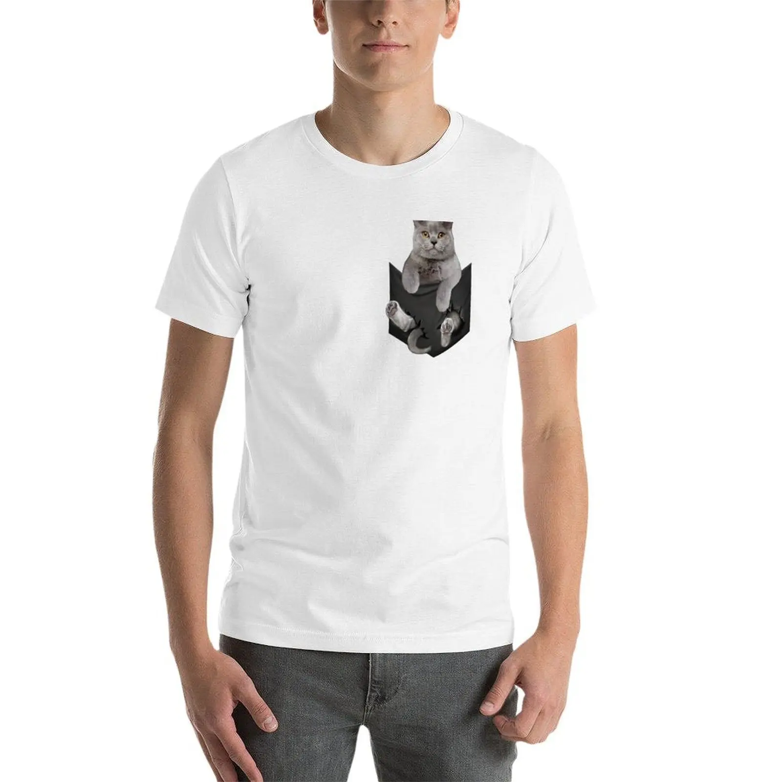 مضحك البريطانية قصيرة الشعر القط في الجيب تي شيرت رجل تي شيرت عالية الجودة الفاخرة العلامة التجارية القطن تي شيرت رجل تي شيرت