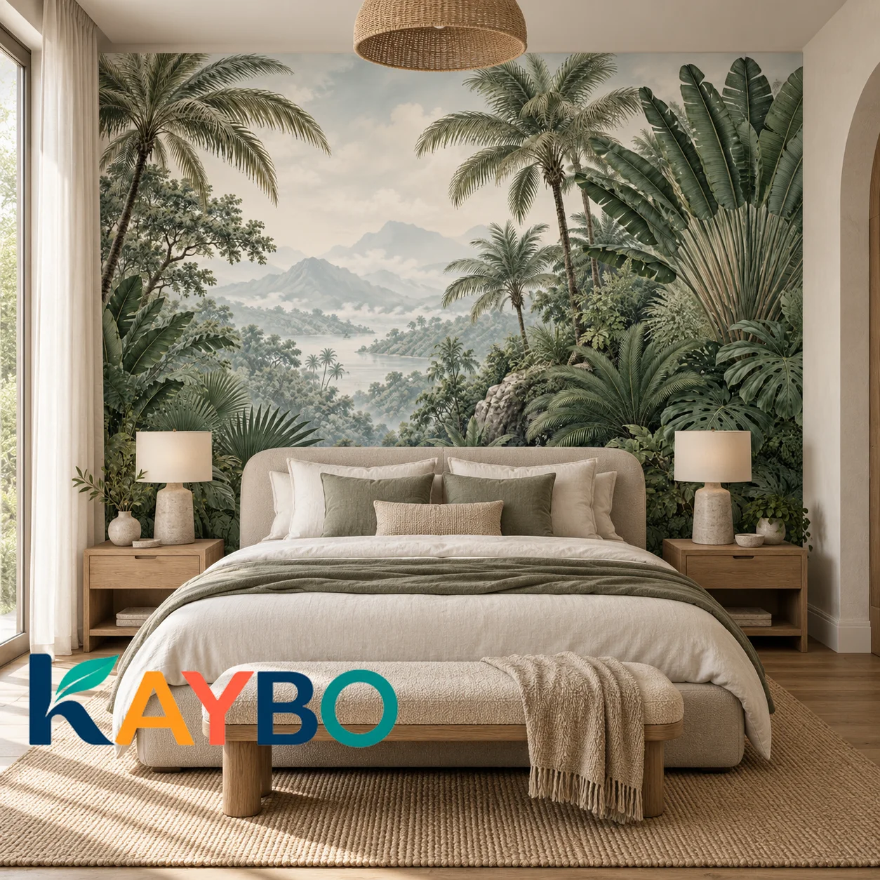 Tropical Jungle Wall Mural Palm Tree Landscape Wallpaper Misty Mountain Bedroom Decor Non Self Adhesive Botanical Wall Coverings
