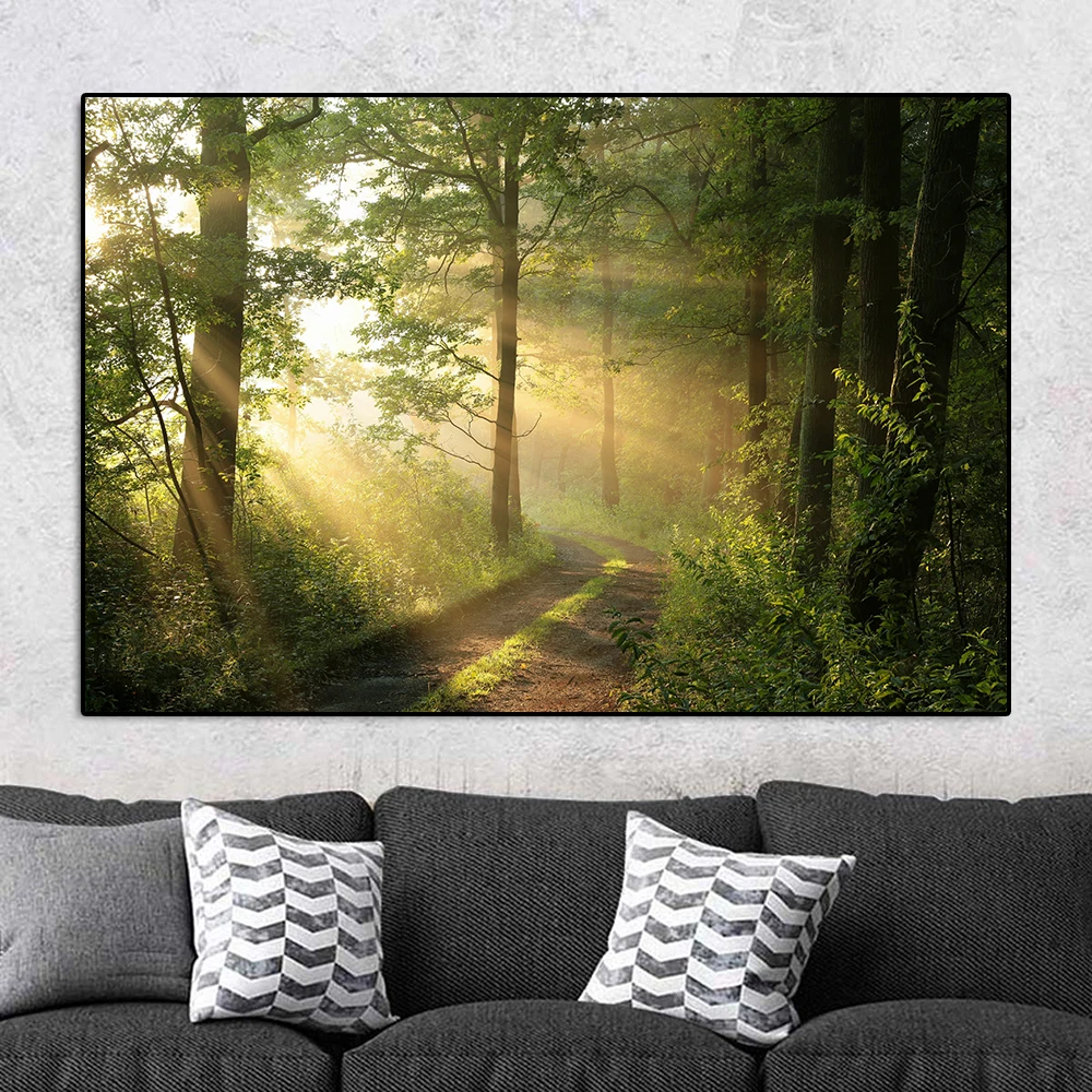 Sunshine Canvas Painting Path in the Green Forest Picture Wall Art Oil Painting Landscape Posters Prints for Living Room Decor