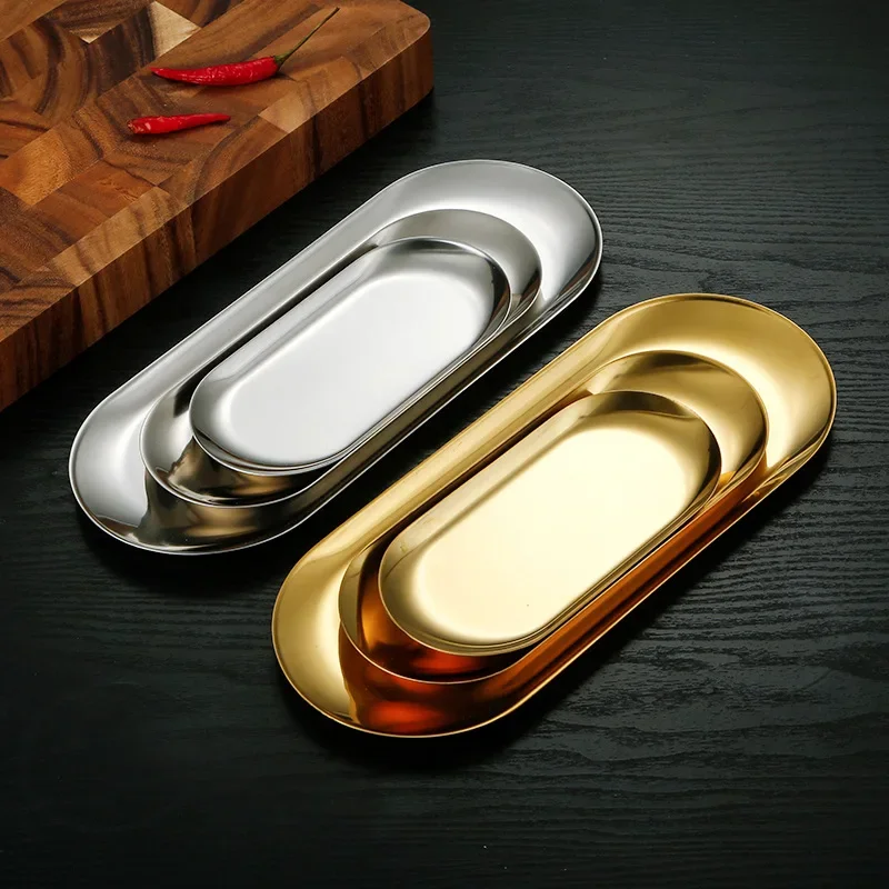 Stainless Steel Dining Plate Gold Silver Oval Hotel Cake Dessert Nut Snack Tray Restaurant Coffee Shop Household Kitchen Tools