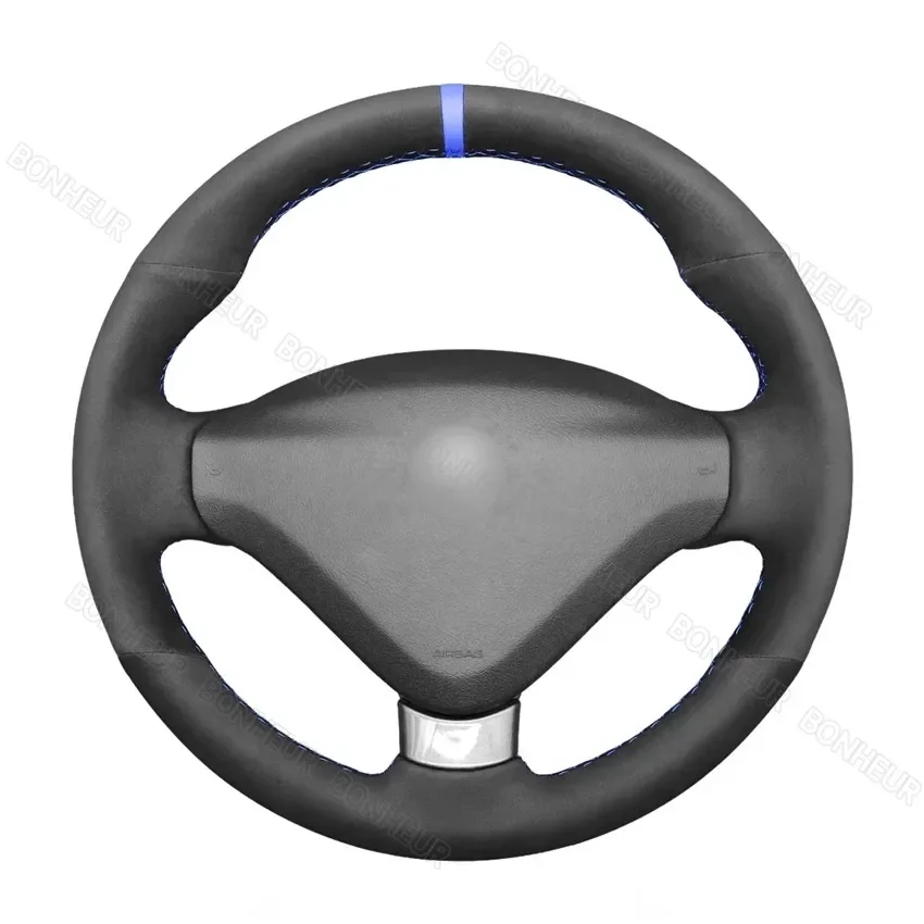 Hand-stitched Black Suede Blue Marker Car Steering Wheel Cover for Peugeot 207 CC 2012 2013 2014