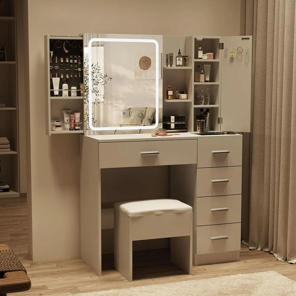 White Vanity Desk with Mirror, Lights, and Power Strip, Makeup Table Set with Sliding Storage and 5 Drawers & Shelves