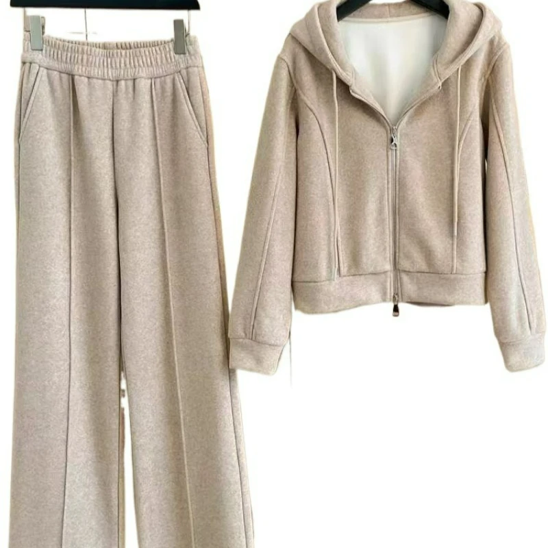 Conjunto de ropa deportiva informal de lana para mujer, sudadera con capucha adelgazante holgada, pantalón de pierna ancha, conjunto de dos piezas, otoño e invierno, 2026