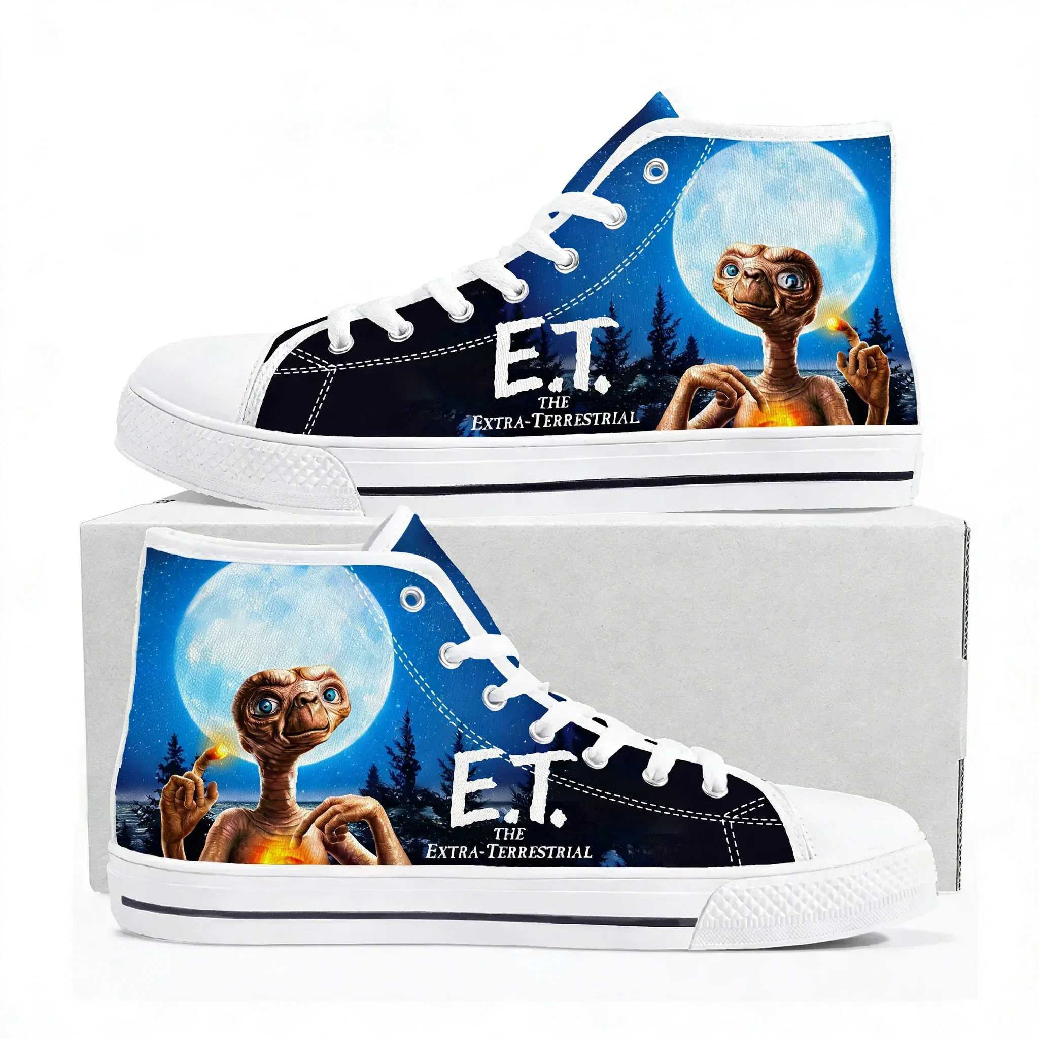 

Э.Т. Кроссовки High Top с изображением персонажей фильма «Инопланетяне» для мужчин, женщин и подростков, повседневные кеды из канваса, обувь на заказ, индивидуальный дизайн