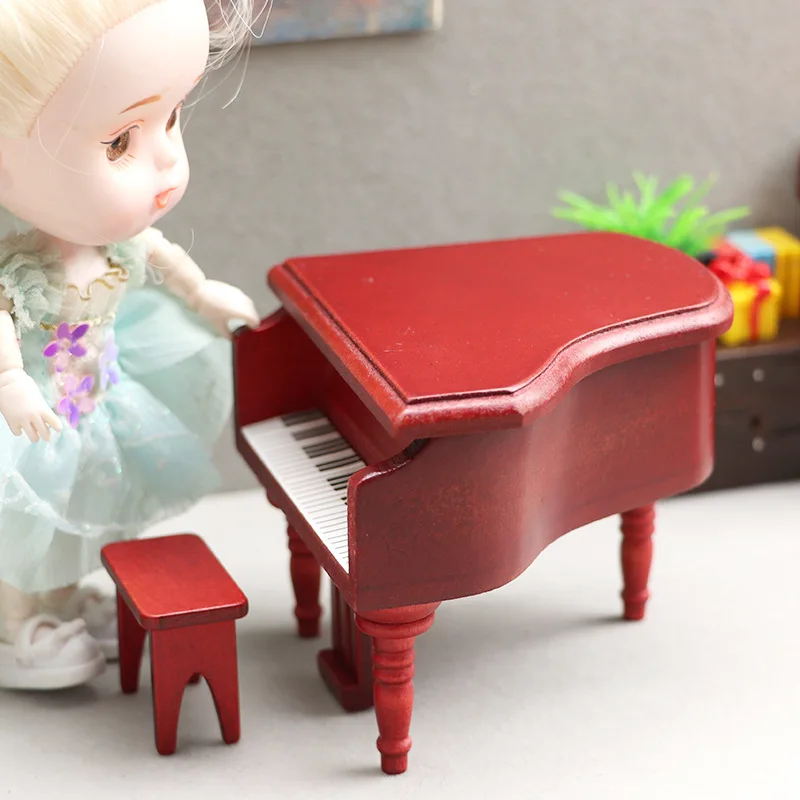 1pc 1/12 Scale Mini Simulation Wooden Grand Piano with Stool for 1/12 Doll House Accessory
