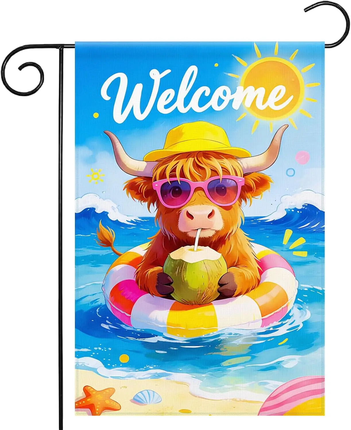 12 x 18 Inches Summer Welcome Cow Garden Flag  Double-Sided Highland Cow Floating Beach Pool Ring Coconut Drink Tropical Ya MMZ