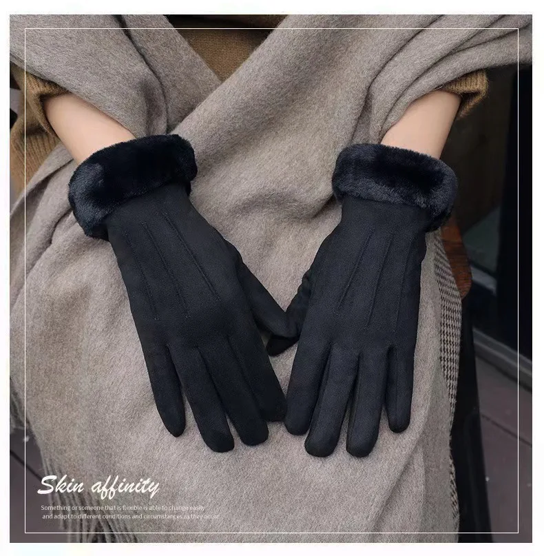 Winter Female Cashmere Warm Suede Leather Cycling Mittens Double Thick Velvet Plush Wrist Women Touch Screen Driving Gloves