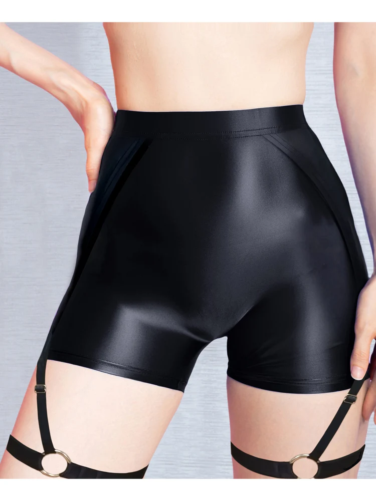 M-XL Glossy Shiny Seamless Crotch Short Hot Pants High Elastic Slip Shorts Thigh Band Garter Belt Tights Mini Bermudas Trunks