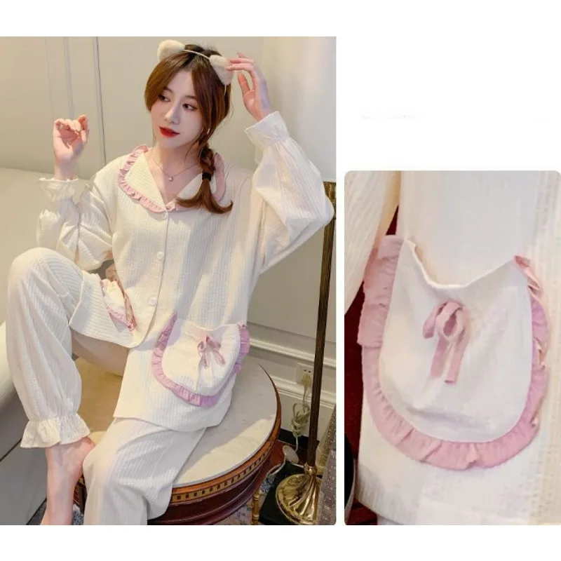 2024 New Pajama Women Spring Autumn Sleepwear Cotton Long Sleeves Loungewear Simple Lovely Winter Nightwear Loose Homewear Suit