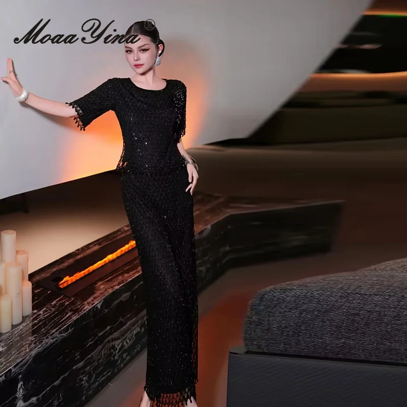 MoaaYina 2025年秋 レディース 刺繍パールクリスタルダイヤモンド装飾 ライトラグジュアリー ツーピース ミディアム丈スカートセット