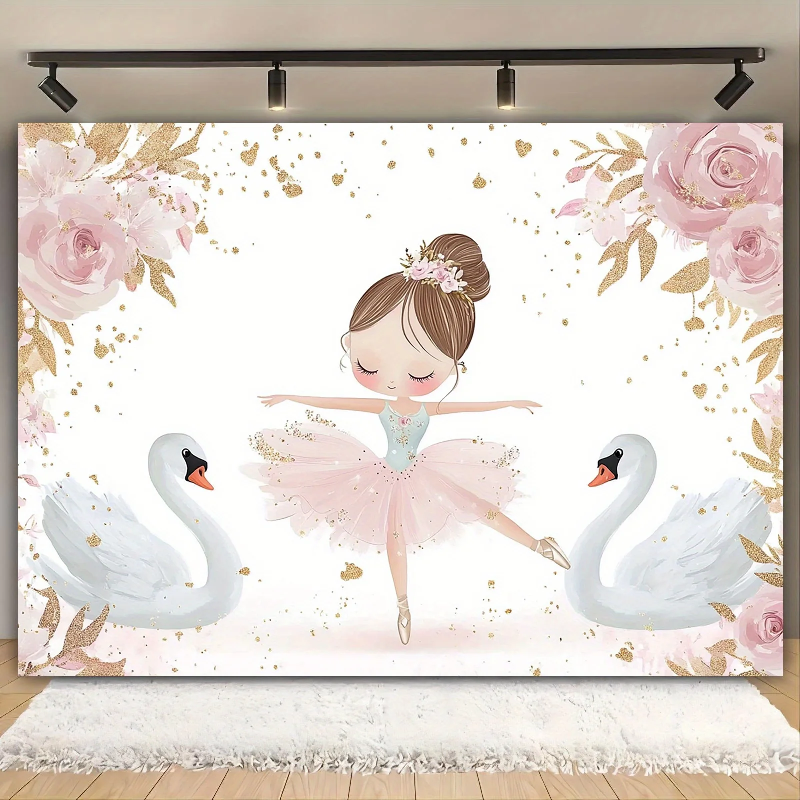 

1 Ballerina and swan background banner, polyester, pink flowers and glitter, suitable for weddings wedding parties, birthdays, c