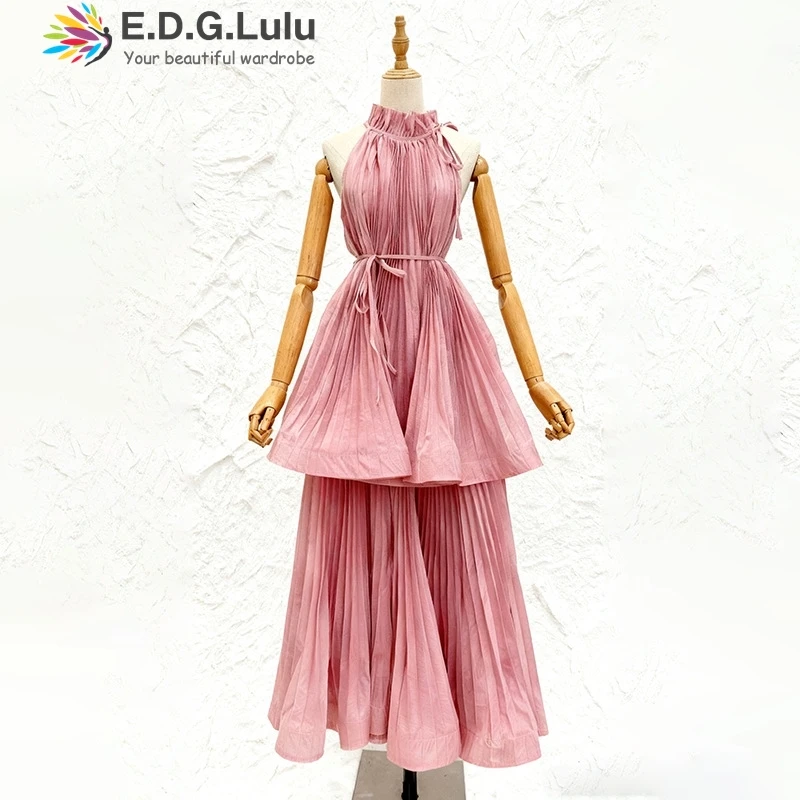 EDGLuLu فساتين سهرة مثيرة بدون أكمام متجعدة بحافة أوراق اللوتس امرأة أنيقة وردي أبيض فستان زفاف طويل 1018 #4