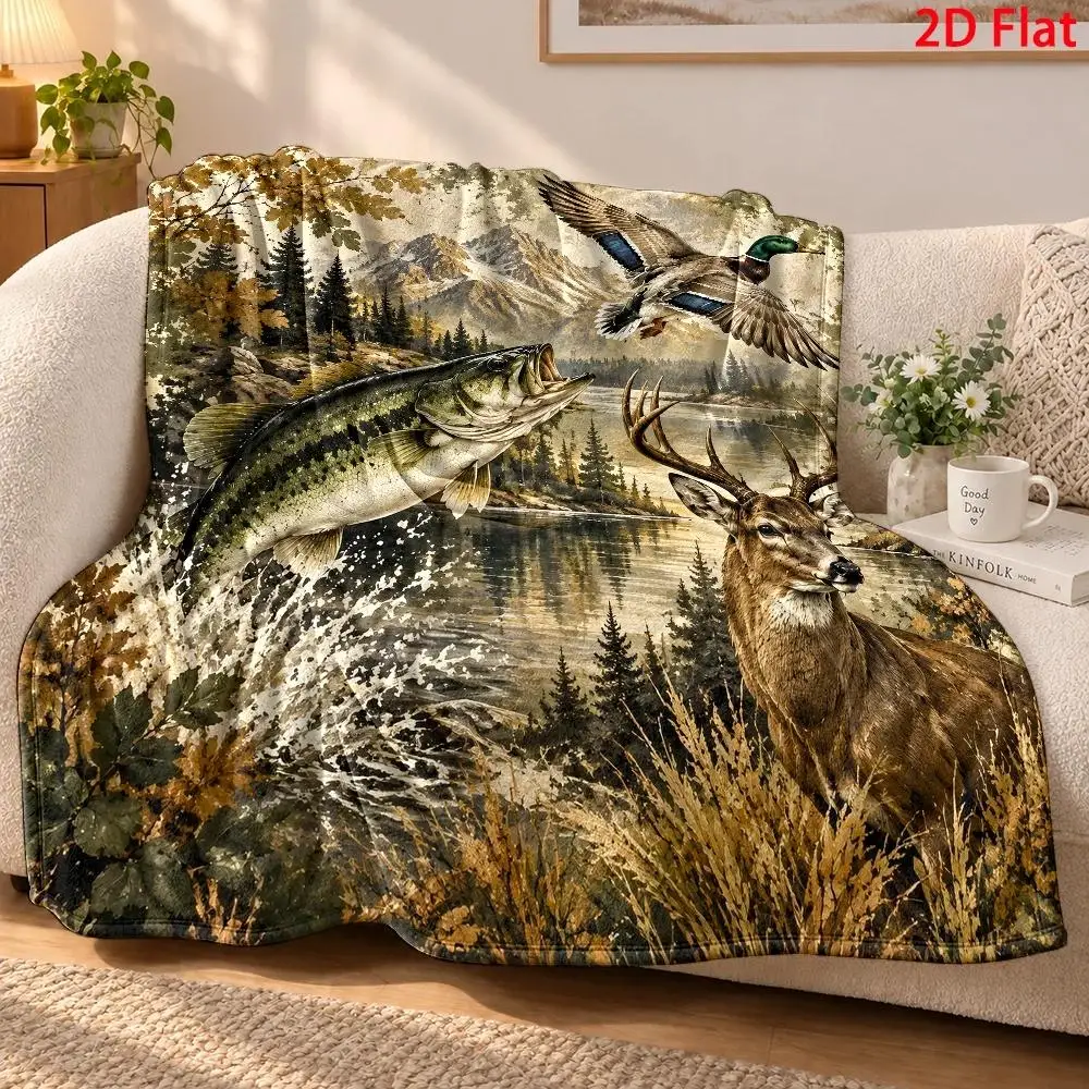 2D Flat Surface, 280G/Square Meter, Flannel Blanket with Fish and Hunting House Pattern, Cute Printed Design, Suitable for Sofa, All-Season Use, Halloween and Christmas Room Decoration, Christmas Gift, Birthday Gift