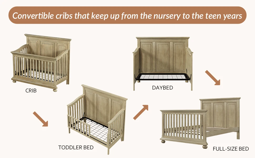 Traditional Farmhouse Style 4-in-1 Full Size Convertible Crib - Converts to Toddler Bed, Daybed and Full-Size Bed, Stone Gray