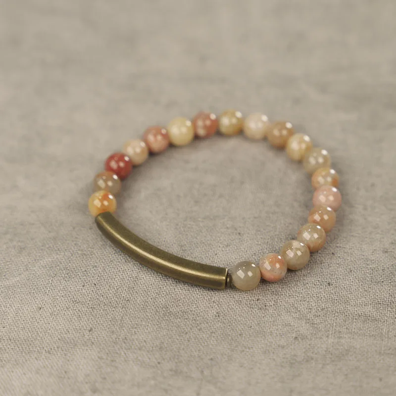 Simple Natrual Coral Stone Vintage Brass Bracelet Pink Beads Metal Sedation Jewelry Beaded  Female Protective Peace Accessories