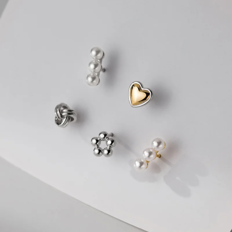 

astudio s925Silver Bends and Hitches Flower Heart Bead Stud Earrings Mixed EarringsM04021