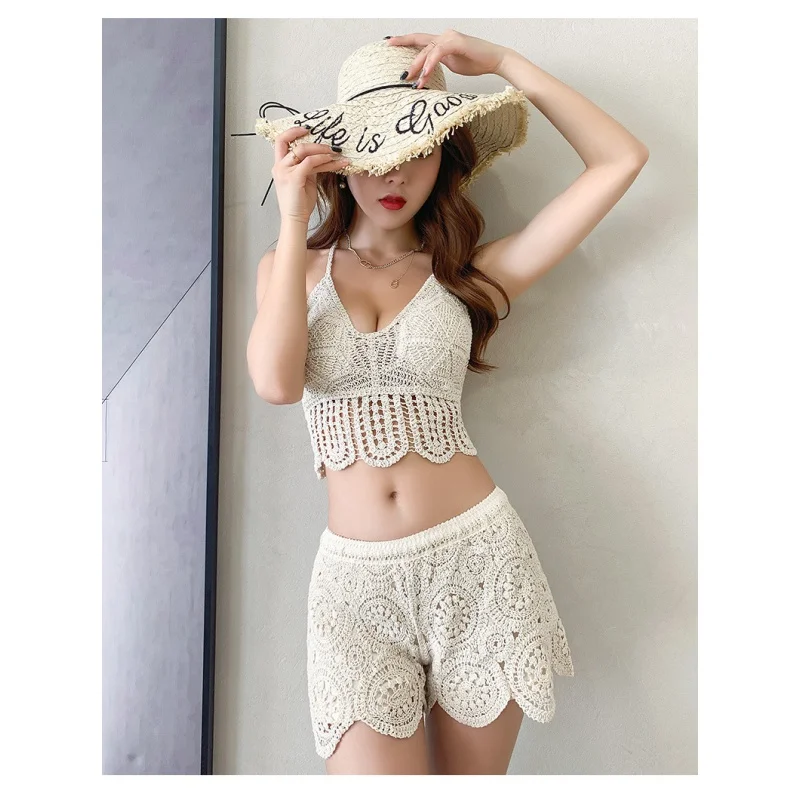 Swimsuit Korean Sexy Ins Vacation Goddess Temperament Conservative Knitted Lace Two-Piece Bikini For Women