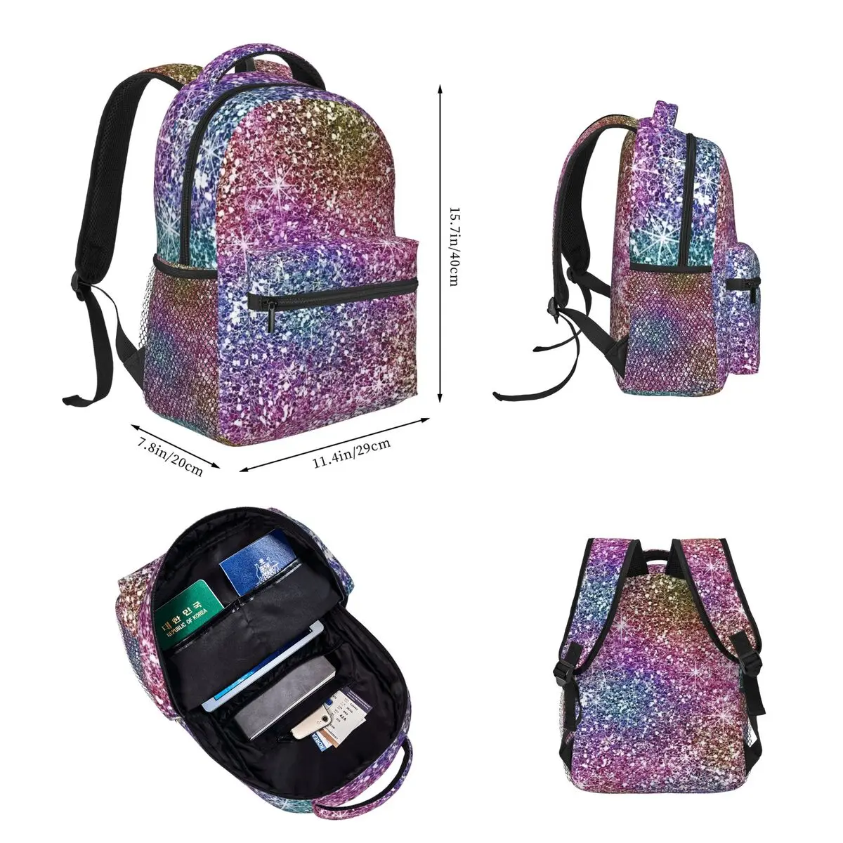 Rainbow Glitter Texture Backpacks Boys Girls Bookbag Students School Bag Cartoon Kids Rucksack Lunch Bag Pen Bag Three-Piece Set