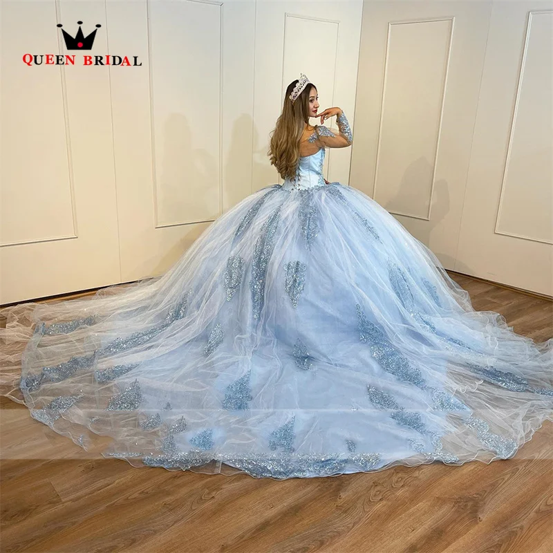 Hellblaue quinceañera kleider ballkleid exquisite perlen applikationen lange ärmel vestido de 15 anos schnürung maßge schneiderte lj66m